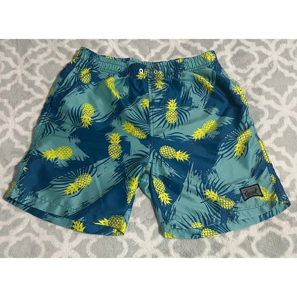 Beautiful Giant Mens Medium Teal Pineapple Tropical Print Mesh Swim Trunks